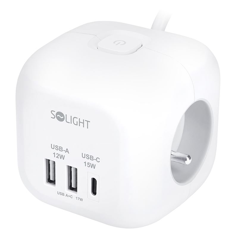 Solight 3z + USB A+C prodlužovací přívod - kostka, kabel 2m, 3 x 1mm2, bílý, vypínač