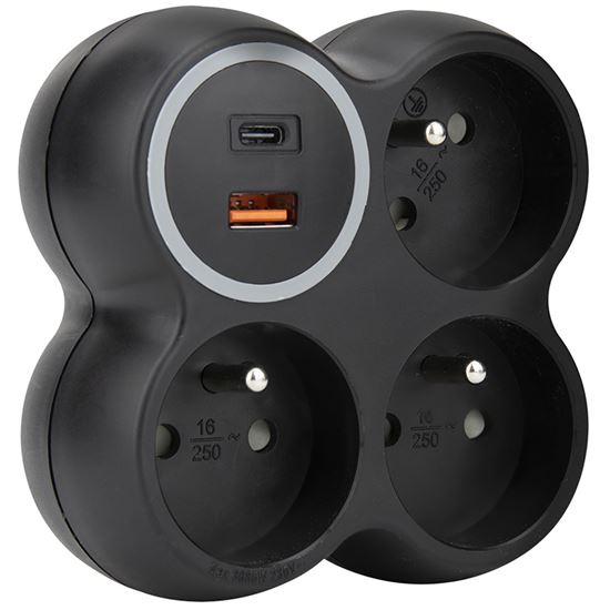 Solight rozbočka, 3x 15A, USB A+C rychlonabíječka 20W PD, matná černá