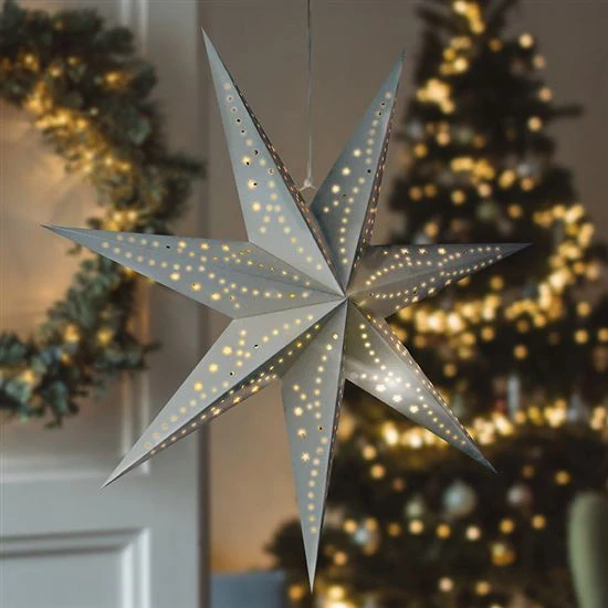 Solight LED vánoční hvězda stříbrná, závěsná, časovač, 60cm, 20x LED, 2x AA