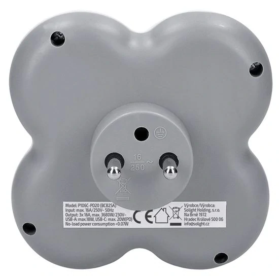 Solight rozbočka, 3x 16A, USB A+C rychlonabíječka 20W PD, bílá-šedá
