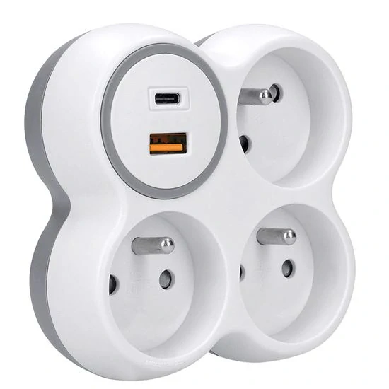 Solight rozbočka, 3x 16A, USB A+C rychlonabíječka 20W PD, bílá-šedá