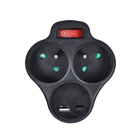 Solight rozbočka s USB A+C rychlonabíječkou 20W PD, 2 x 10A, černá, vypínač
