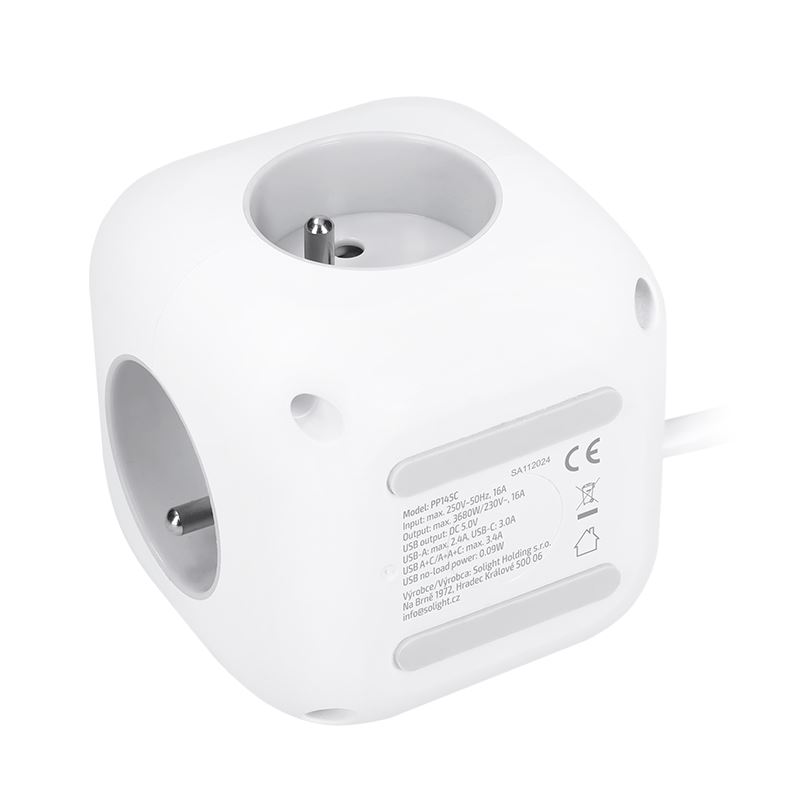 Solight 3z + USB A+C prodlužovací přívod - kostka, kabel 2m, 3 x 1mm2, bílý, vypínač