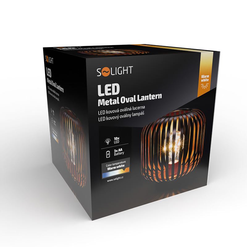 Solight kovová oválná lucerna se žárovkou s micro LED, teplá bílá, měděná, 3xAA, 18cm