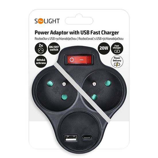 Solight rozbočka s USB A+C rychlonabíječkou 20W PD, 2 x 10A, černá, vypínač
