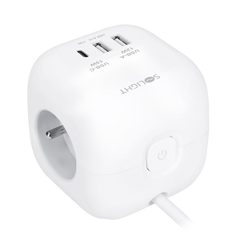 Solight 3z + USB A+C prodlužovací přívod - kostka, kabel 2m, 3 x 1mm2, bílý, vypínač