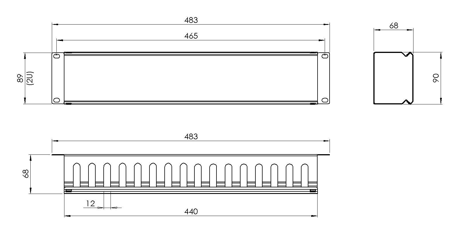 AI-KO19-2U-B Kabelový organizér pro 19" racky
