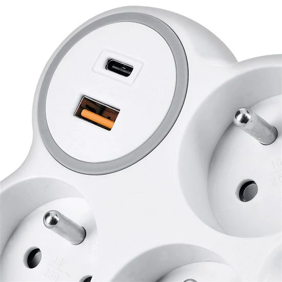 Solight rozbočka, 3x 16A, USB A+C rychlonabíječka 20W PD, bílá-šedá