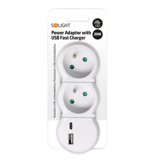 Solight rozbočka s USB A+C rychlonabíječkou 20W PD, 2 x 10A, bílá