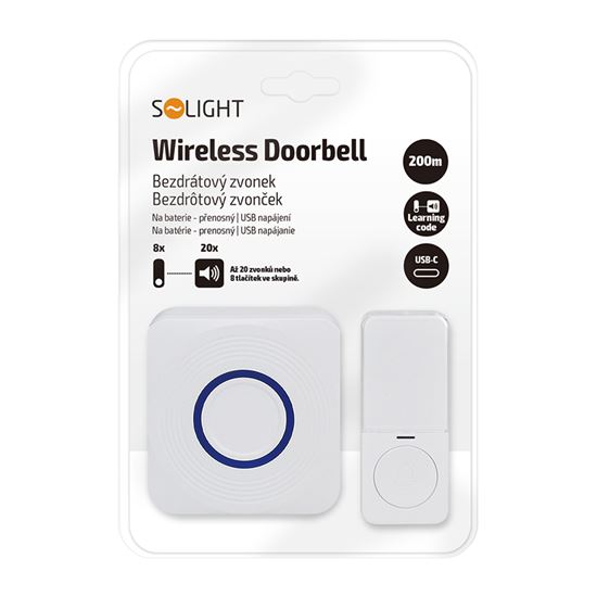Solight bezdrátový zvonek, bateriový + USB, 200m, bílý, learning code