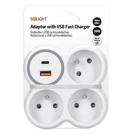 Solight rozbočka, 3x 16A, USB A+C rychlonabíječka 20W PD, bílá-šedá
