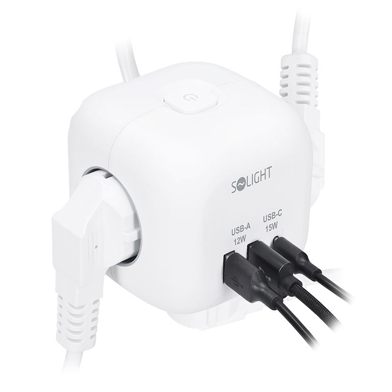 Solight 3z + USB A+C prodlužovací přívod - kostka, kabel 2m, 3 x 1mm2, bílý, vypínač