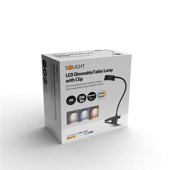 Solight LED stolní nabíjecí lampička, 2W, 210lm, 3CCT, černá, clip