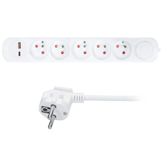 Solight prodlužovací přívod 5 zásuvek, USB A+C 20W PD, 3m, 3 x 1mm2, bílý, vypínač