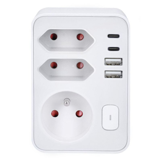 Solight rozbočka 1x 16A + 2x 2,5A, 2xUSB A+C rychlonabíječka 20W PD, bílá, vypínač